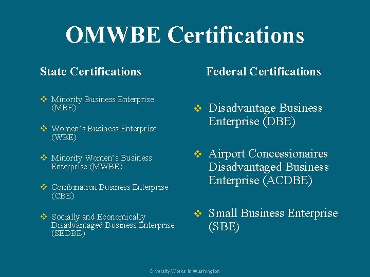 OMWBE Certifications State Certifications Federal Certifications v Minority Business Enterprise (MBE) v Disadvantage Business