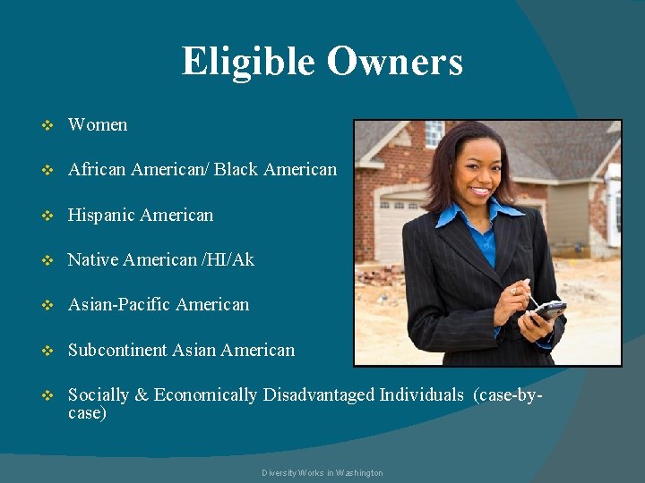 Eligible Owners v Women v African American/ Black American v Hispanic American v Native