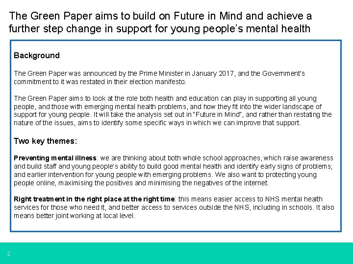 The Green Paper aims to build on Future in Mind achieve a further step