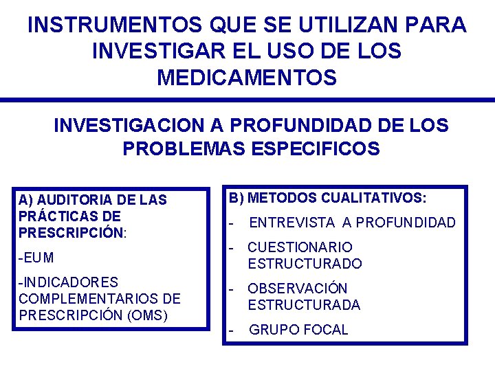 INSTRUMENTOS QUE SE UTILIZAN PARA INVESTIGAR EL USO DE LOS MEDICAMENTOS INVESTIGACION A PROFUNDIDAD INSTRUMENTOS QUE SE UTILIZAN PARA INVESTIGAR EL USO DE LOS MEDICAMENTOS INVESTIGACION A PROFUNDIDAD