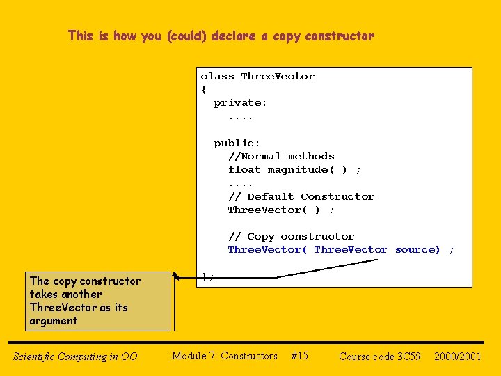 This is how you (could) declare a copy constructor class Three. Vector { private: