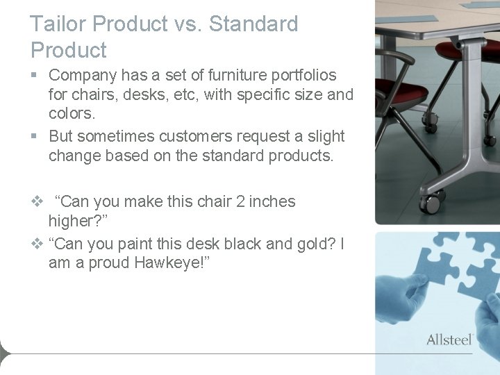 Tailor Product vs. Standard Product § Company has a set of furniture portfolios for