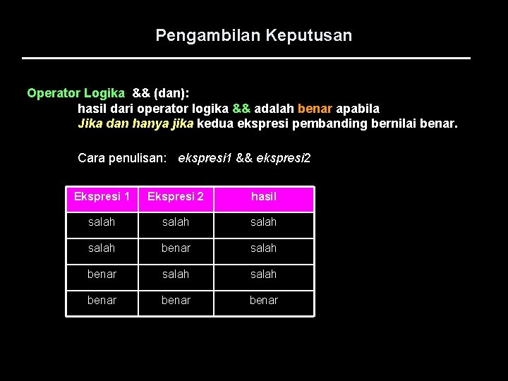 Pengambilan Keputusan Operator Logika && (dan): hasil dari operator logika && adalah benar apabila