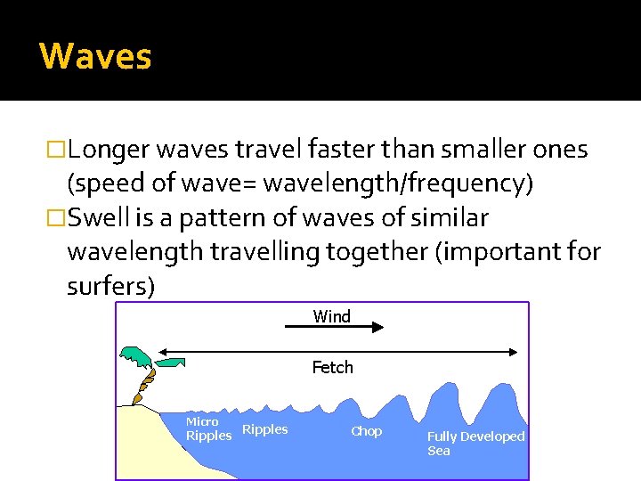 Waves �Longer waves travel faster than smaller ones (speed of wave= wavelength/frequency) �Swell is Waves �Longer waves travel faster than smaller ones (speed of wave= wavelength/frequency) �Swell is