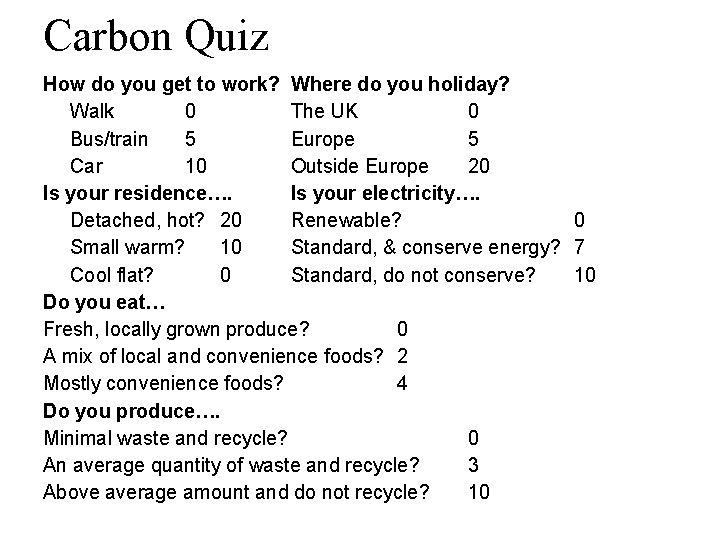 Carbon Quiz How do you get to work? Where do you holiday? Walk 0