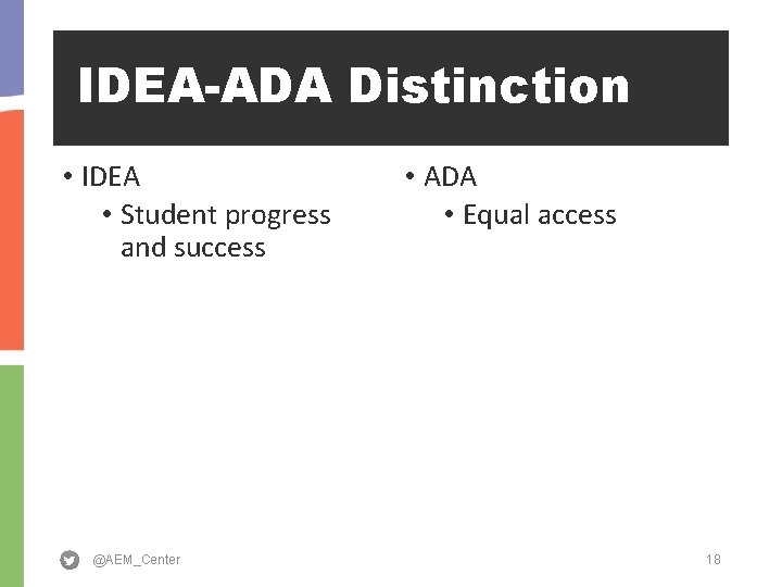 IDEA-ADA Distinction • IDEA • Student progress and success @AEM_Center • ADA • Equal