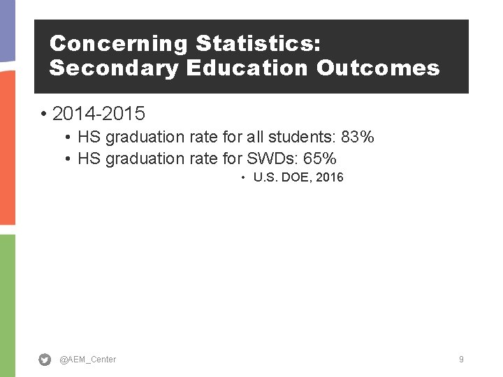 Concerning Statistics: Secondary Education Outcomes • 2014 -2015 • HS graduation rate for all