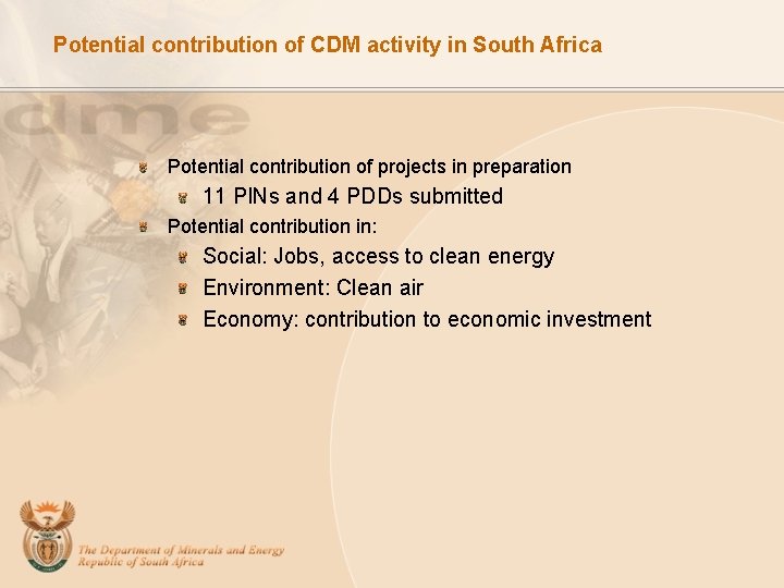 Potential contribution of CDM activity in South Africa Potential contribution of projects in preparation