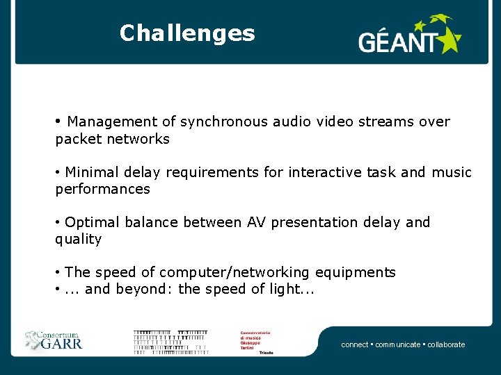 Challenges • Management of synchronous audio video streams over packet networks • Minimal delay