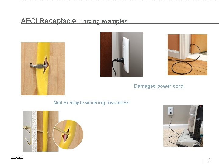 AFCI Receptacle – arcing examples Damaged power cord Nail or staple severing insulation 9/29/2020