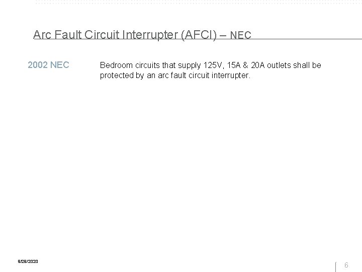 Arc Fault Circuit Interrupter (AFCI) – NEC 2002 NEC 9/29/2020 Bedroom circuits that supply