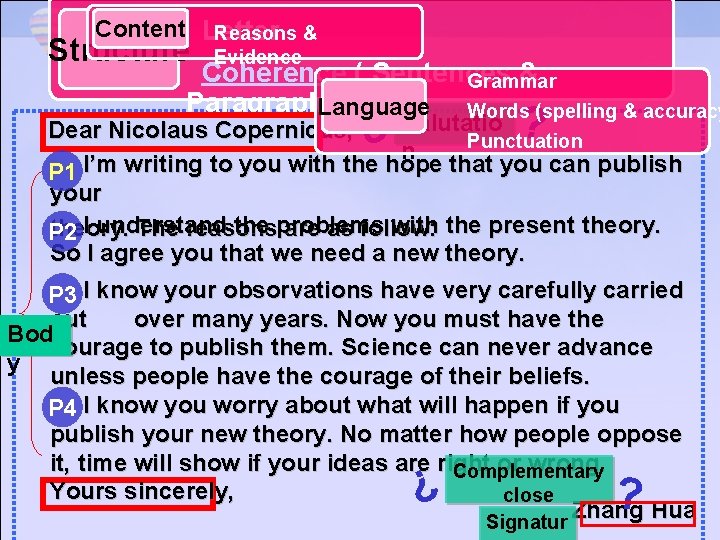 Content Letter Reasons & Structure Evidence Coherence ( Sentences & Grammar Paragraphs ) Language