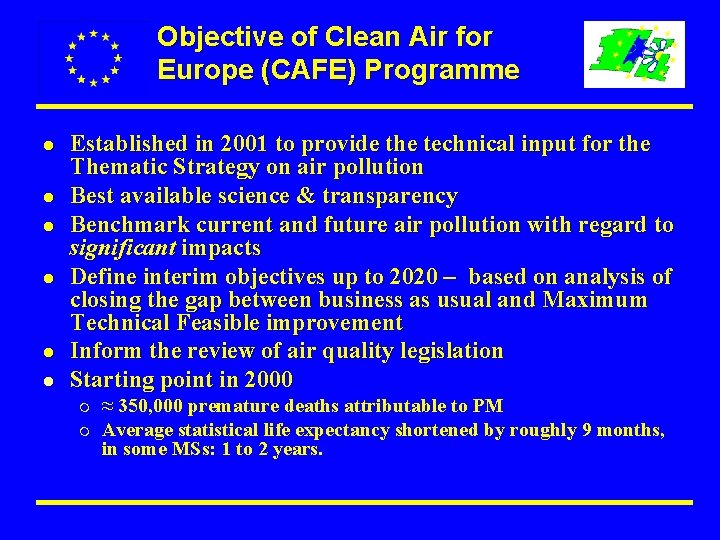 Objective of Clean Air for Europe (CAFE) Programme l l l Established in 2001