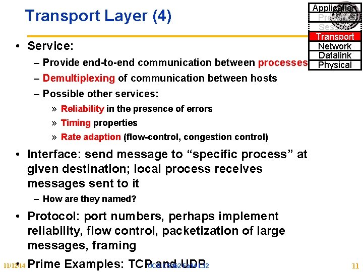 Application Present. Session Transport Network Service: Datalink – Provide end-to-end communication between processes Physical