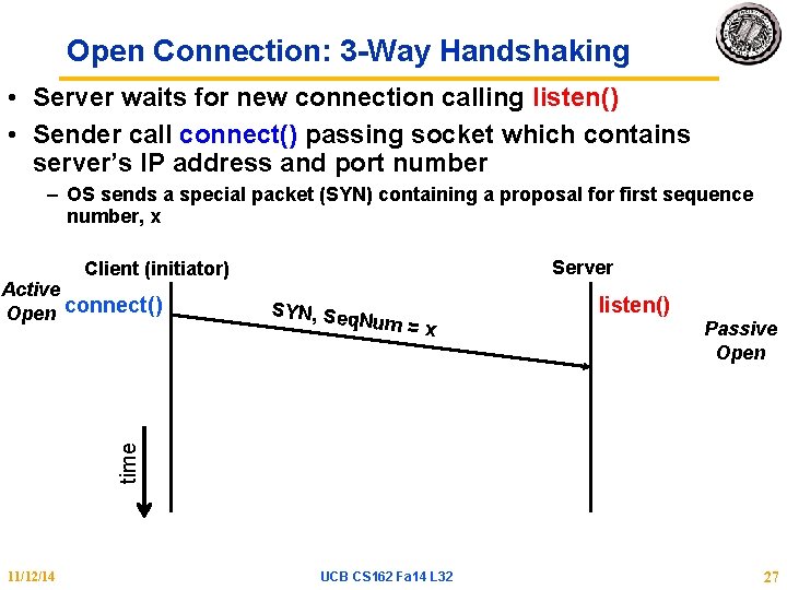 Open Connection: 3 -Way Handshaking • Server waits for new connection calling listen() •