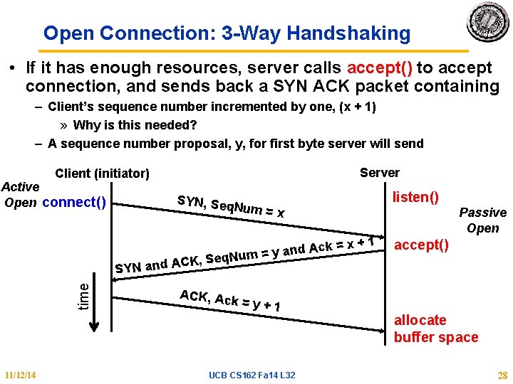 Open Connection: 3 -Way Handshaking • If it has enough resources, server calls accept()