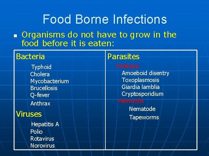 Food Borne Infections n Organisms do not have to grow in the food before