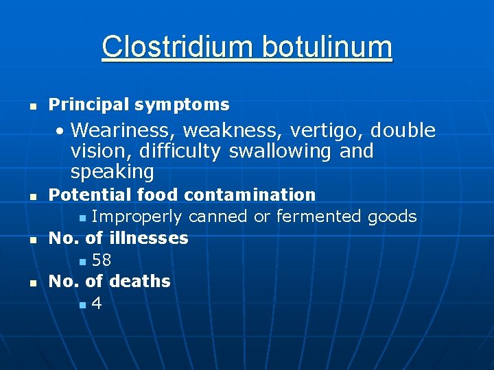 Clostridium botulinum n Principal symptoms • Weariness, weakness, vertigo, double vision, difficulty swallowing and