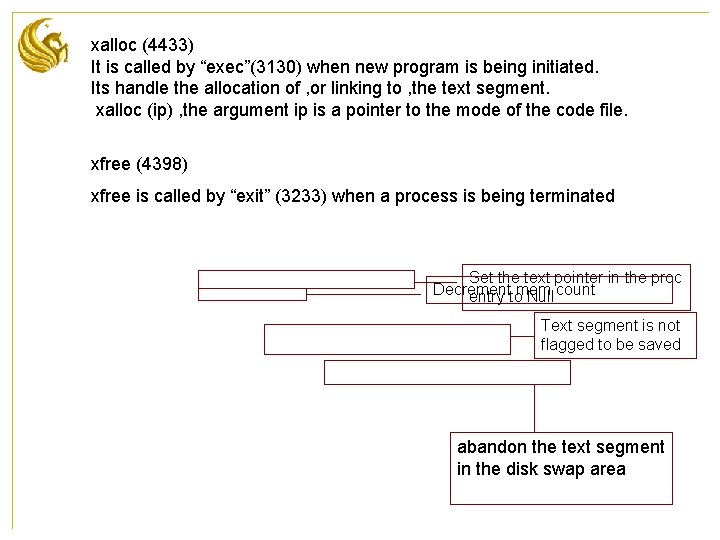 xalloc (4433) It is called by “exec”(3130) when new program is being initiated. Its