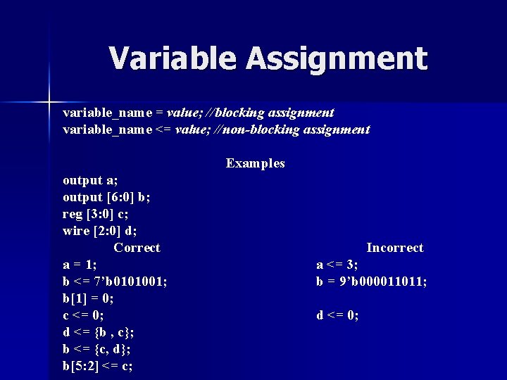 Variable Assignment variable_name = value; //blocking assignment variable_name <= value; //non-blocking assignment Examples output Variable Assignment variable_name = value; //blocking assignment variable_name <= value; //non-blocking assignment Examples output