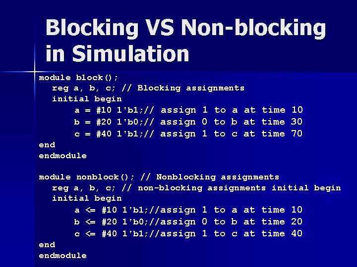 Blocking VS Non-blocking in Simulation module block(); reg a, b, c; // Blocking assignments Blocking VS Non-blocking in Simulation module block(); reg a, b, c; // Blocking assignments