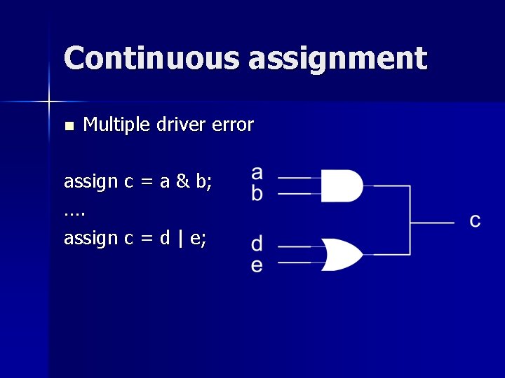Continuous assignment n Multiple driver error assign c = a & b; …. assign Continuous assignment n Multiple driver error assign c = a & b; …. assign