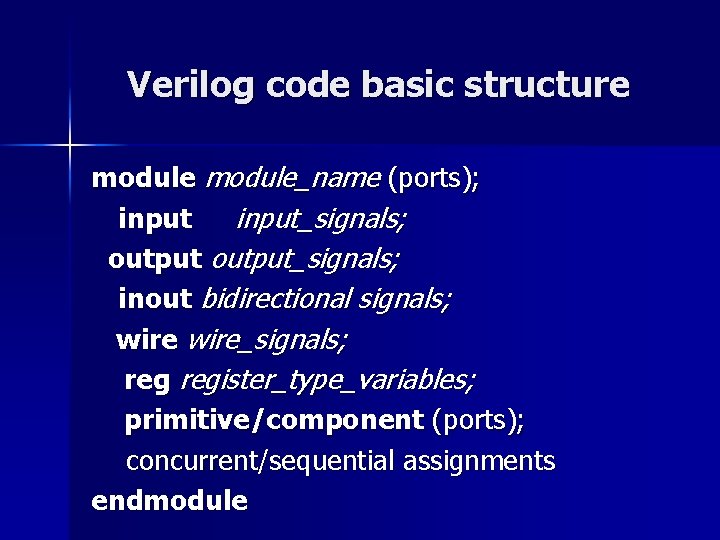 Verilog code basic structure module_name (ports); input_signals; output_signals; inout bidirectional signals; wire_signals; register_type_variables; primitive/component Verilog code basic structure module_name (ports); input_signals; output_signals; inout bidirectional signals; wire_signals; register_type_variables; primitive/component