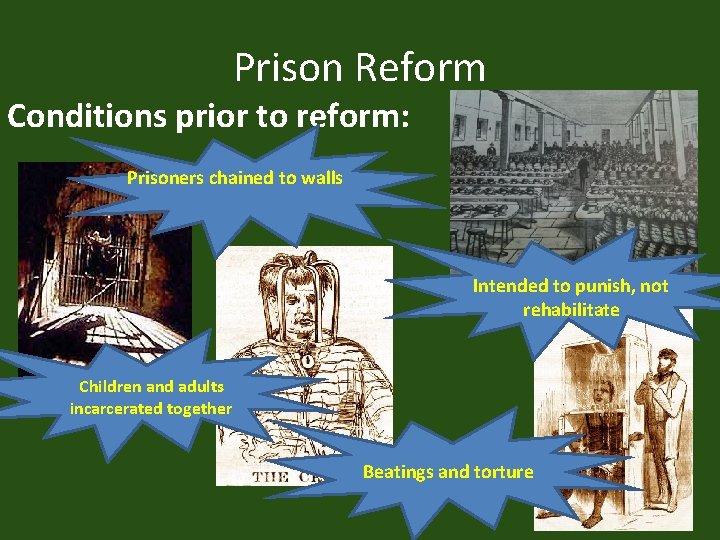 Prison Reform Conditions prior to reform: Prisoners chained to walls Intended to punish, not