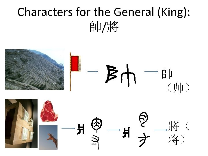 Characters for the General (King): 帥/將 帥 （帅） 爿 爿 將（ 将） 