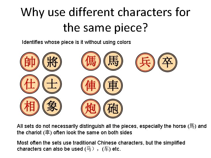 Why use different characters for the same piece? Identifies whose piece is it without