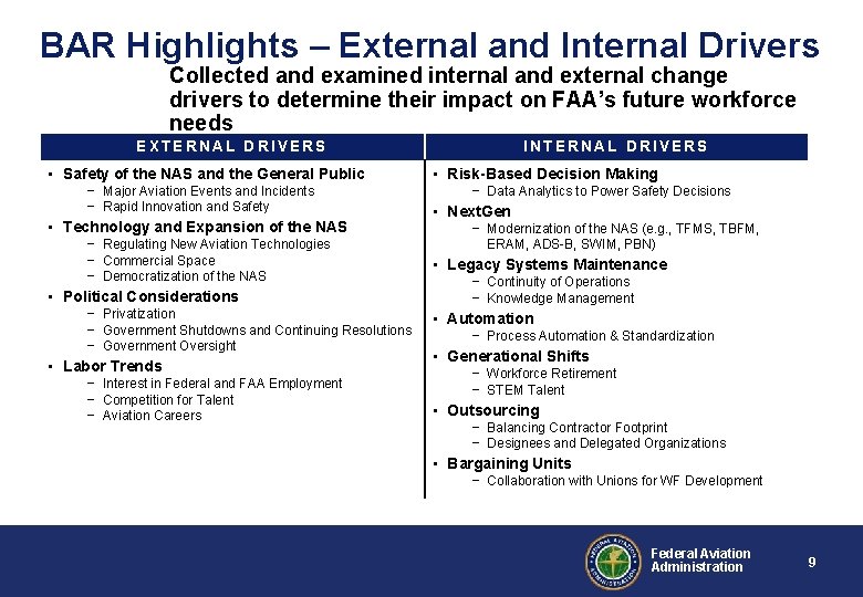 BAR Highlights – External and Internal Drivers Collected and examined internal and external change