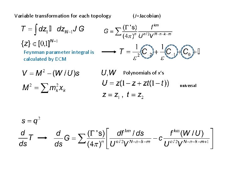 Variable transformation for each topology (J=Jacobian) Feynman parameter integral is calculated by DCM Polynomials