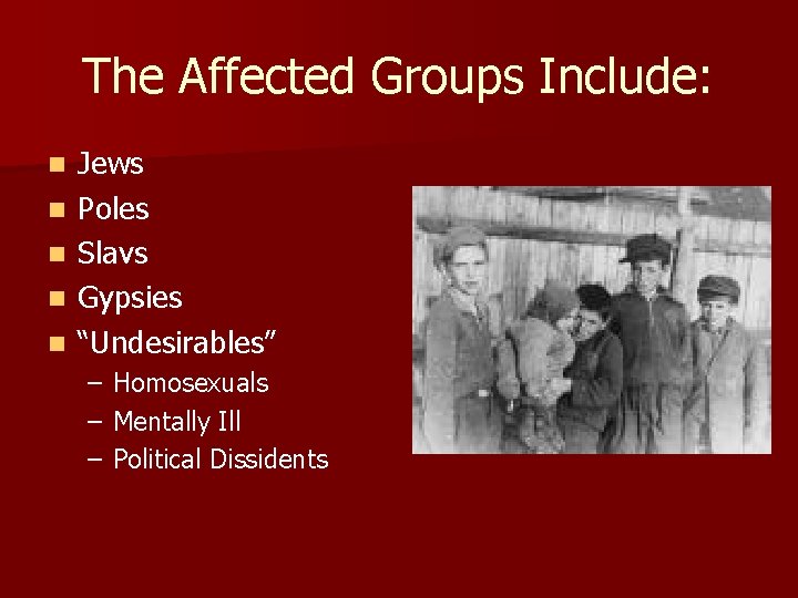 The Affected Groups Include: n n n Jews Poles Slavs Gypsies “Undesirables” – –