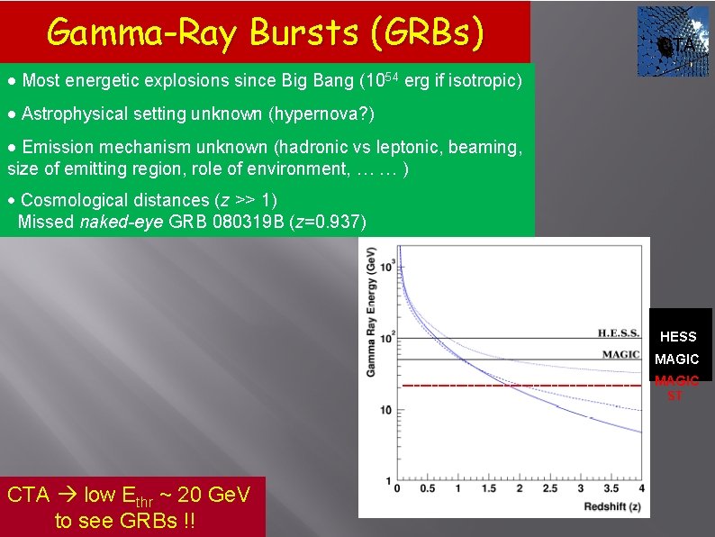 Gamma-Ray Bursts (GRBs) CTA · Most energetic explosions since Big Bang (1054 erg if