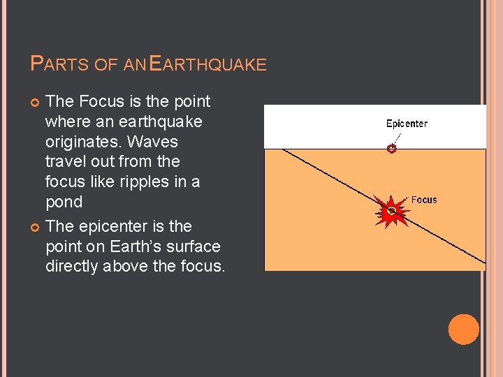 PARTS OF AN EARTHQUAKE The Focus is the point where an earthquake originates. Waves