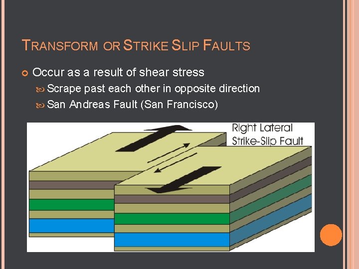 TRANSFORM OR STRIKE SLIP FAULTS Occur as a result of shear stress Scrape past