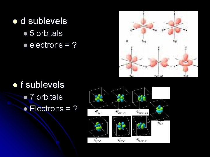 l d sublevels l 5 orbitals l electrons = ? l f sublevels l