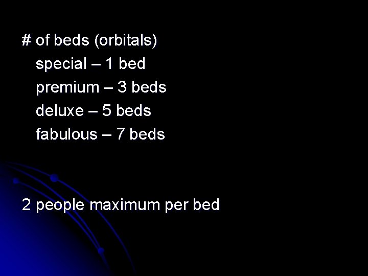 # of beds (orbitals) special – 1 bed premium – 3 beds deluxe –