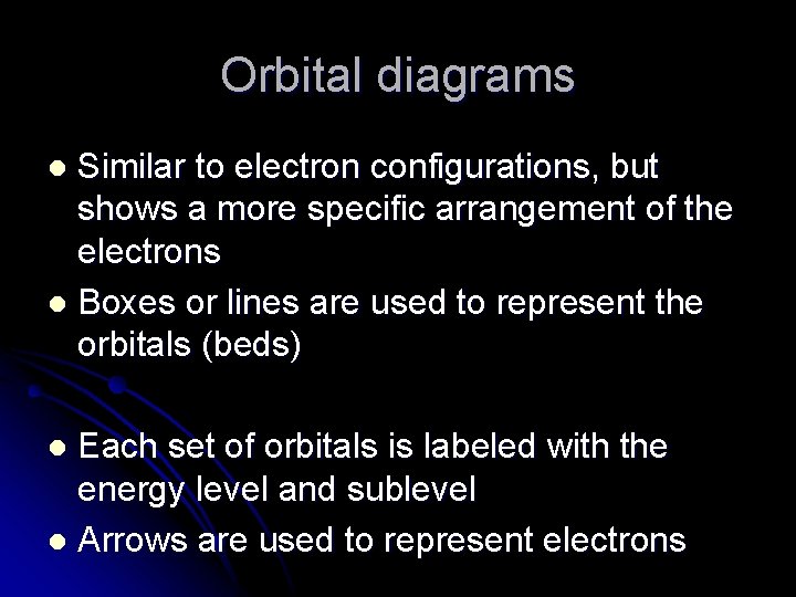 Orbital diagrams Similar to electron configurations, but shows a more specific arrangement of the