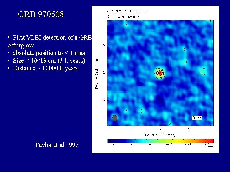 GRB 970508 • First VLBI detection of a GRB Afterglow • absolute position to