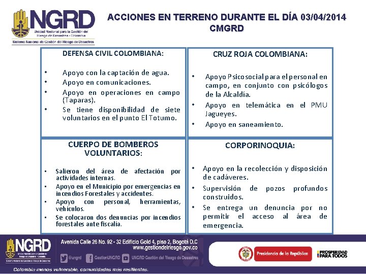 ACCIONES EN TERRENO DURANTE EL DÍA 03/04/2014 CMGRD DEFENSA CIVIL COLOMBIANA: • • Apoyo