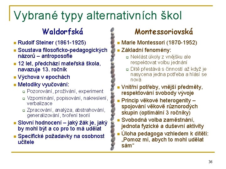 Vybrané typy alternativních škol Waldorfská Rudolf Steiner (1861 -1925) n Soustava filosoficko-pedagogických názorů –