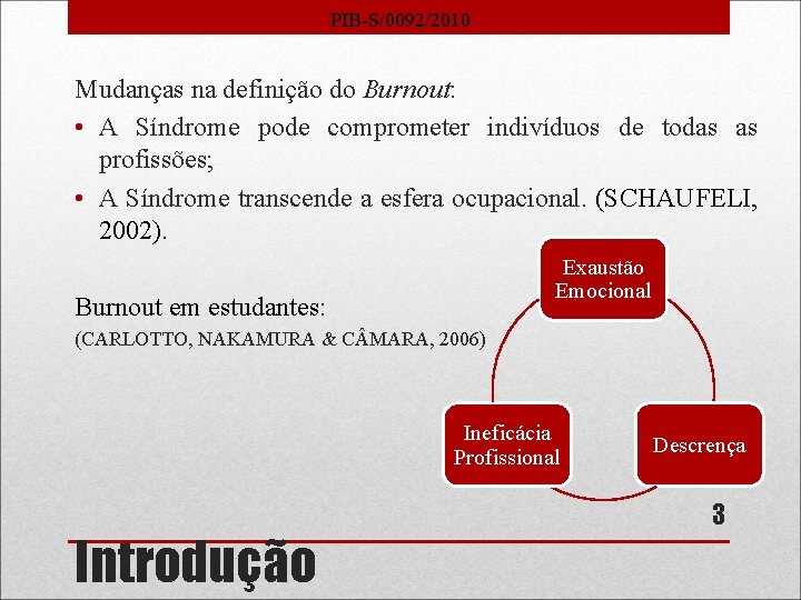 PIB-S/0092/2010 Mudanças na definição do Burnout: • A Síndrome pode comprometer indivíduos de todas