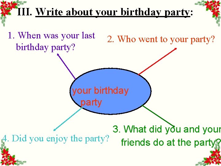 III. Write about your birthday party: 1. When was your last birthday party? 2.