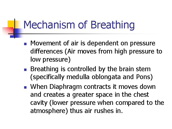 Mechanism of Breathing n n n Movement of air is dependent on pressure differences