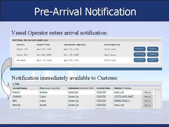 Pre-Arrival Notification Vessel Operator enters arrival notification: Notification immediately available to Customs: 