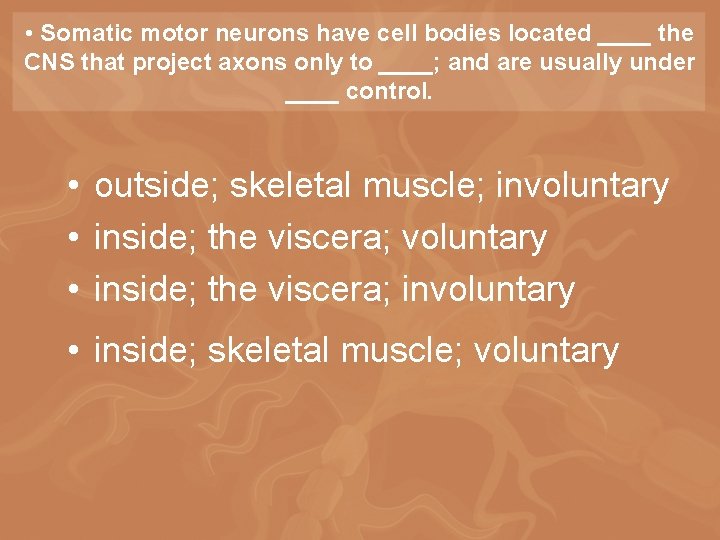  • Somatic motor neurons have cell bodies located ____ the CNS that project