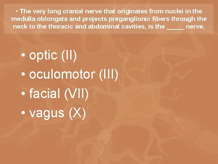  • The very long cranial nerve that originates from nuclei in the medulla