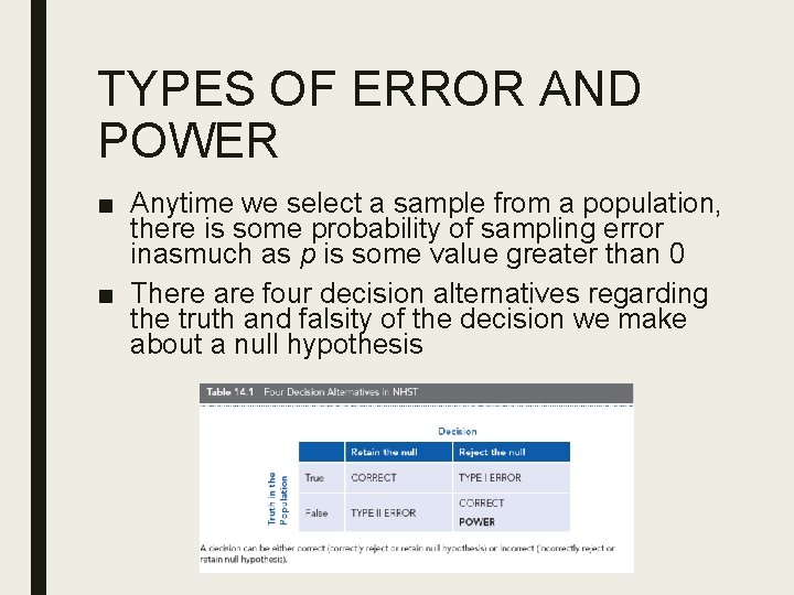 TYPES OF ERROR AND POWER ■ Anytime we select a sample from a population,