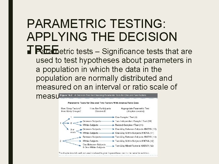 PARAMETRIC TESTING: APPLYING THE DECISION TREE ■ Parametric tests – Significance tests that are